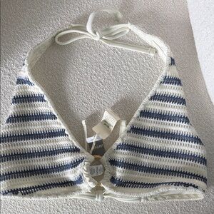 Striped Crochet Triangle Bikini Top - Navy & White NWT